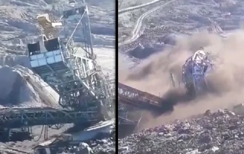 Excavator uriaș dintr-o mină din Oltenia s-a prăbușit! Acum e o grămadă de fier vechi | VIDEO